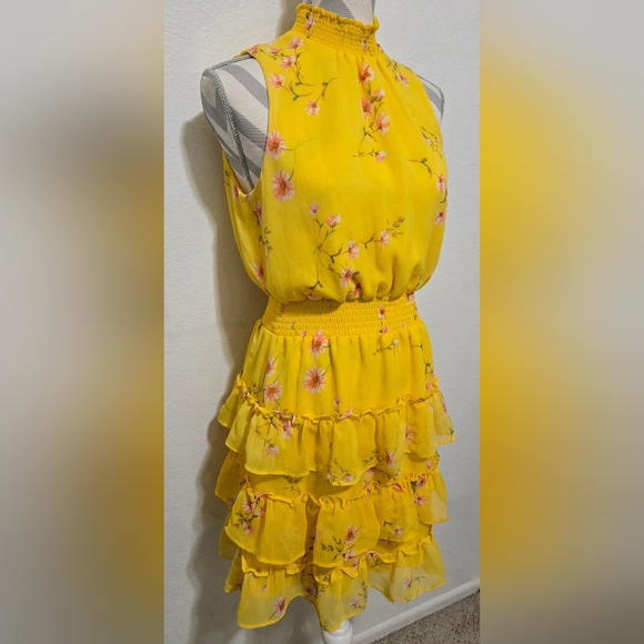 MSK Floral Mini Dress Tiered Ruffle Yellow Pink Size Petite Large - Picture 5 of 16